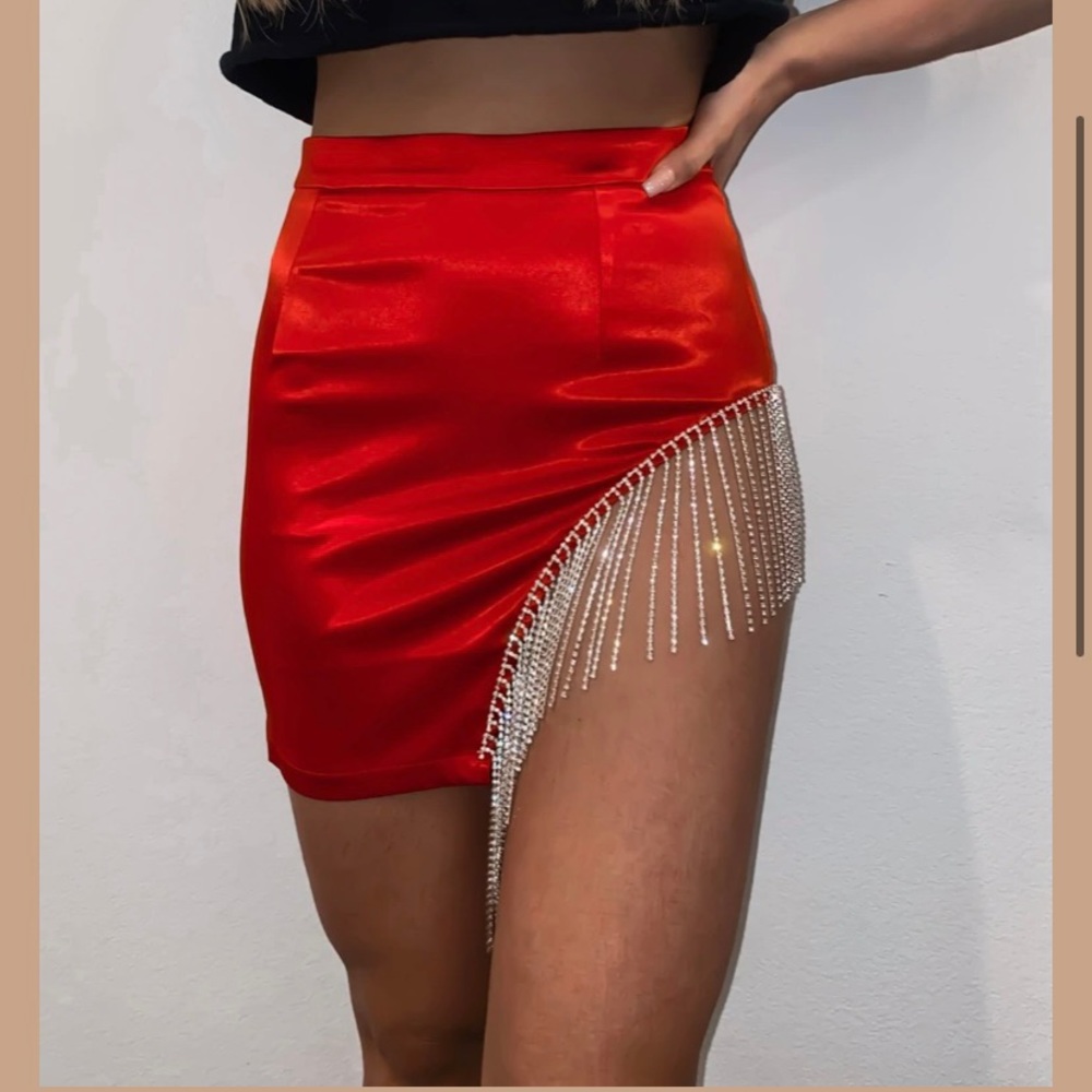 Red satin rhinestone fringe skirt